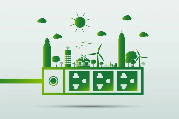 Energetické nápady s výjimkou světového pojetí Power Plug-zelená ekologie, vektorová ilustrace — Stockový vektor