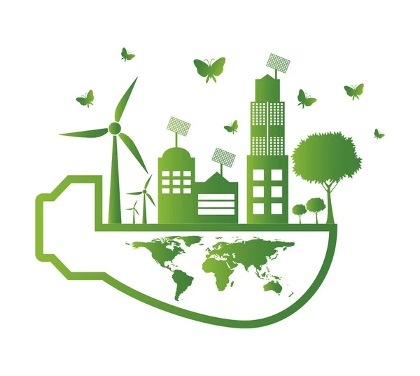 Ecologia concetto, il mondo è nel risparmio energetico lampadina verde, illustrazione vettoriale — Vettoriale Stock