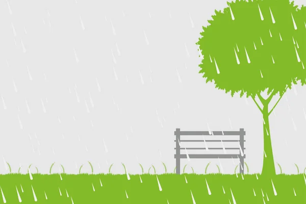 Cadeira e árvore na chuva sobre fundo verde, ilustração vetorial — Vetor de Stock