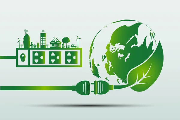 Las ideas energéticas salvan el concepto mundial Enchufe de energía ecología verde, ilustración vectorial — Vector de stock