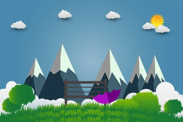 Sombrillas y silla, montañas con hermosas puestas de sol sobre las nubes, ilustración vectorial — Vector de stock