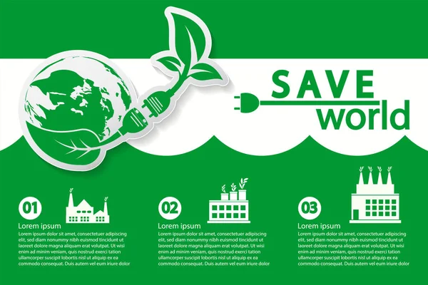 Welt mit umweltfreundlichen Konzeptideen, Infografik-Vorlage, Vektorillustration — Stockvektor