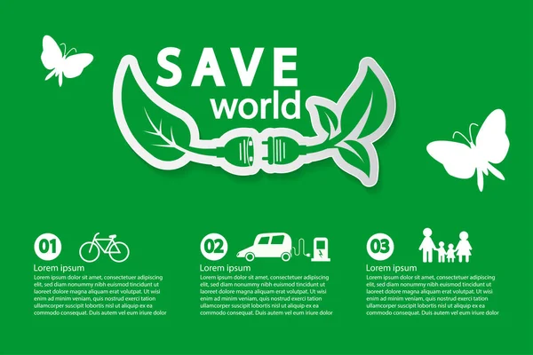 Mondo con idee concettuali eco-compatibili, Modello infografico, Illustrazione vettoriale — Vettoriale Stock