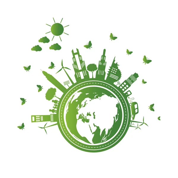 绿色城市用环保的概念理念帮助世界, 向量插图 — 图库矢量图片