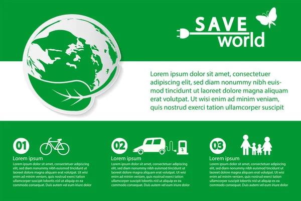 Mondo con idee concettuali eco-compatibili, Modello infografico, Illustrazione vettoriale — Vettoriale Stock