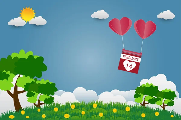 Ballons Saint-Valentin en forme de coeur volant au-dessus de l'herbe vue arrière-plan, style art papier, illustration vectorielle — Image vectorielle