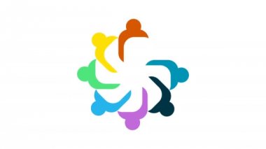 İnsanlar logosu. Bir daire içinde sekiz kişinin grup ekip çalışması sembolü. 4k çözünürlüklü hareket grafiği