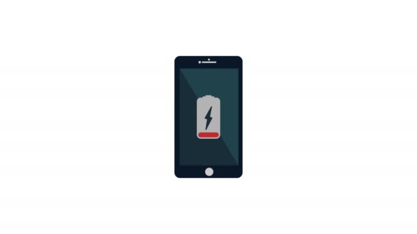 携帯電話 警告画面上の赤い充電バッテリーアイコンを持つスマートフォン 4K解像度のモーショングラフィック — ストック動画