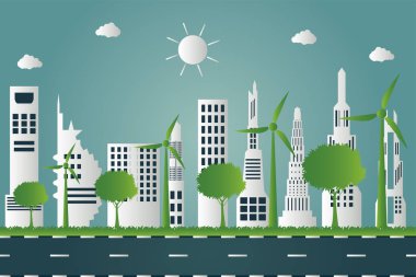 Ağaçlı rüzgar türbinleri ve güneş enerjisi şehir arka planında çevre dostu fikirler, Vektör illüstrasyonu