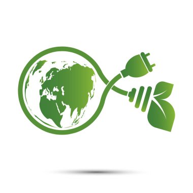 Etrafında yeşil yapraklar olan dünya sembolü. Ecology.Green şehirler çevre dostu kavram fikirleri ile dünyaya yardım, Vektör illüstrasyon