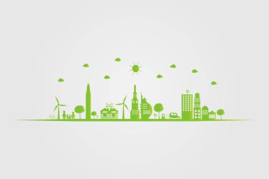 Ekoloji. Green şehirler çevre dostu konsept fikirleri ile dünyaya yardım, vektör ıllustratio