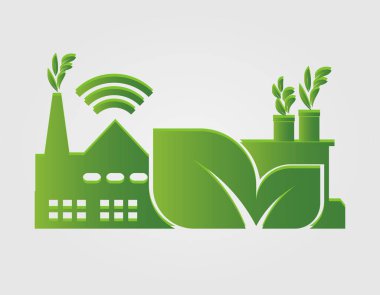 Fabrika ekolojisi, Endüstri simgesi, Çevre dostu konsept fikirlerle temiz enerji, Vektör illüstrasyon