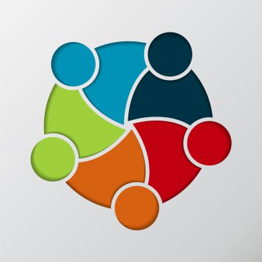 Daire içinde beş kişilik bir grup. Takım çalışması toplantısı.insanlar odada buluşuyor. Güçlü birleşik kuvvetler, Vektör illüstrasyon