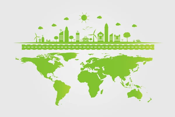 Ecología.Las ciudades verdes ayudan al mundo con ideas conceptuales ecológicas, ilustración vectorial — Archivo Imágenes Vectoriales