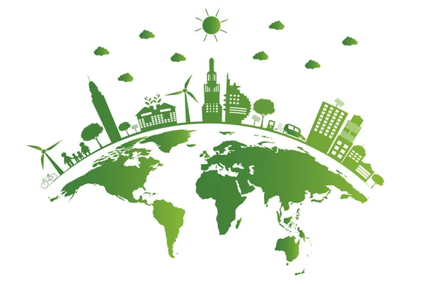Le città verdi aiutano il mondo, la terra con idee concettuali eco-compatibili, illustratio vettoriale — Vettoriale Stock