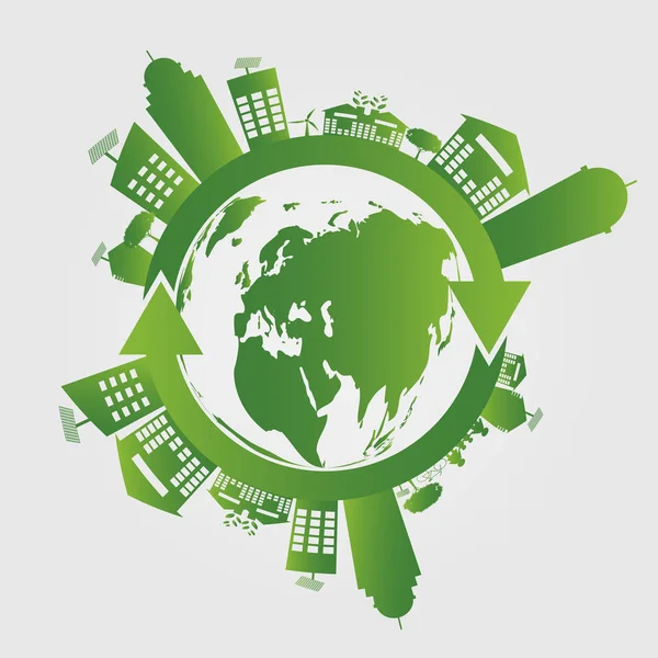 Ekoloji kavramı. dünyayı kurtarmak. Ggreen Şehirler Çevre Dostu Kavramlar, Vektör illüstrasyon ile Dünya Yardımcı Olur — Stok Vektör
