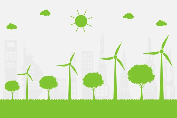 Ветряные турбины с деревьями и солнцем Чистая энергия с экологически чистыми концептуальными идеями на фоне города, векторная иллюстрация — стоковый вектор