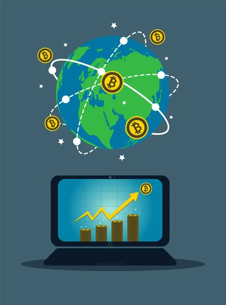 Business laptop concept symbool op het scherm. Bitcoin gouden pictogram voor rowth grafiek op Coin spin over de hele wereld — Stockvector