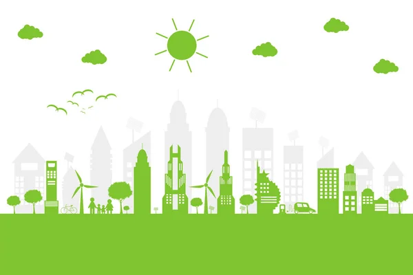 Cidades verdes ajudam o mundo com ideias de conceito ecológicas, ilustração vetorial — Vetor de Stock