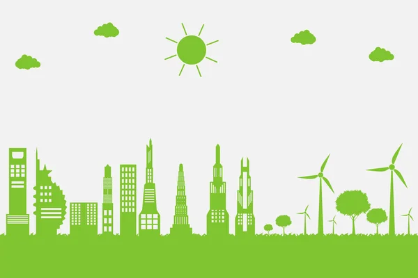 Windturbines met bomen en zon Schone energie met milieuvriendelijke concept ideeën over de achtergrond van de stad, Vector illustratie — Stockvector