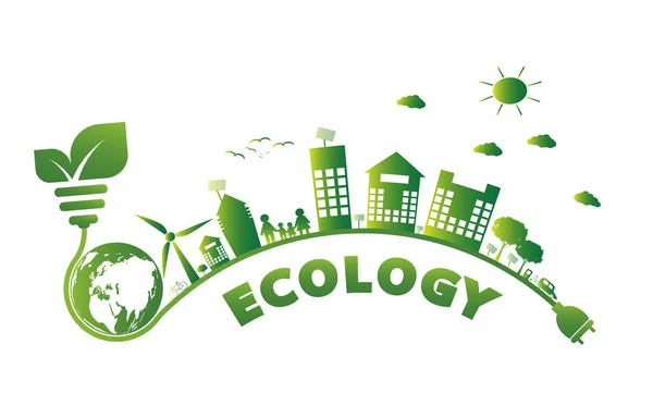 Symbol ziemi z zielonymi liśćmi dookoła. Ekologia. Green miast pomóc światu z eko-przyjaznych koncepcji pomysłów, wektor ilustracji — Wektor stockowy