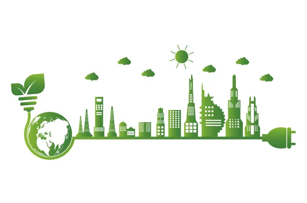 Símbolo de la Tierra con hojas verdes alrededor. Ecología. Las ciudades verdes ayudan al mundo con ideas conceptuales ecológicas, ilustración vectorial — Archivo Imágenes Vectoriales