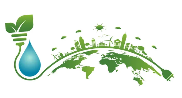 緑色の葉を持つ地球のシンボル。エコロジー.グリーン都市は、環境に優しいコンセプトのアイデアで世界を助ける、ベクトルイラスト — ストックベクタ