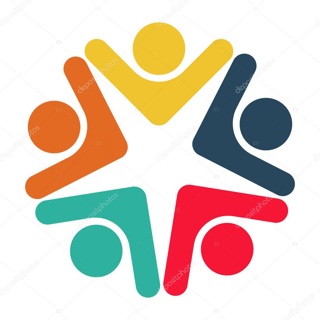 Five people in a circle holding hands.The summit workers are meeting in the same power room