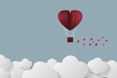 Bir kalp şeklinde çimen görünümü arka plan üzerinde uçan Sevgililer günü balonlar, kağıt sanat tarzı, vektör illüstrasyon