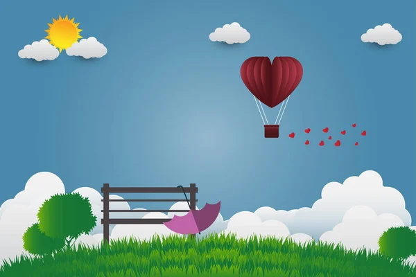 Paraguas de San Valentín con globos de silla en forma de corazón volando sobre hierba ver fondo, estilo de arte de papel, ilustración vectorial — Vector de stock