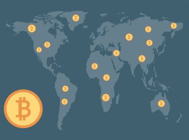 Bitcoin kavramı, Sikkeler arka plan haritası world.vector Illustrator yayılmış 