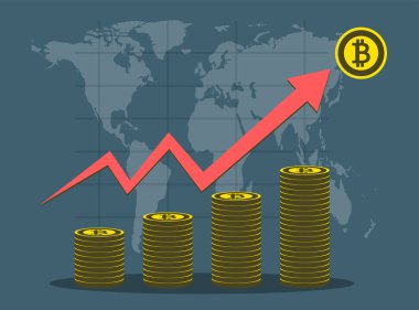 Arka plan haritası world.vector Illustrator üzerinde İş Bitcoin kavram büyüme grafiği