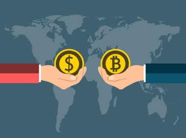iş sikke concept.exchange paralar bitcoin için el ile arka plan harita world.vector Illustrator el 