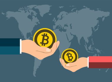 Bitcoin kavramı el tutma. Arka plan haritası world.vector Illustrator bir madalya bitcoin verin 