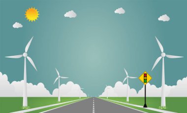 Rüzgar türbini ile doğal yolda trafik ışığı. Vektör çizimi 