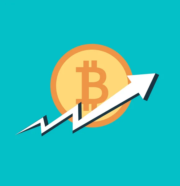 Bitcoin üzleti, Arrow szárnyalni az érme a háttérben, vektoros illusztráció — Stock Vector