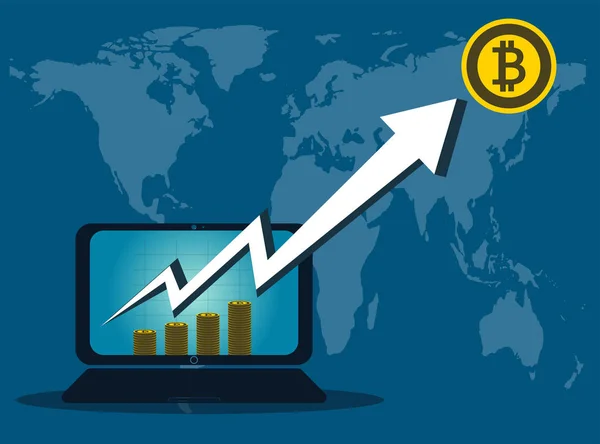 Bitcoin Business, seta para cima a partir da tela do computador no mapa de fundo world.vector Illustrator —  Vetores de Stock