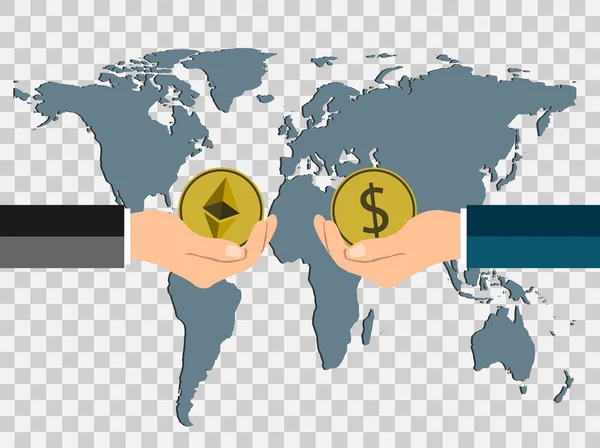 Business Coin concept. wissel munten dollar naar ethereum met de hand op de achtergrond kaart wereld, transparante achtergrond. Vector Illustrator — Stockvector
