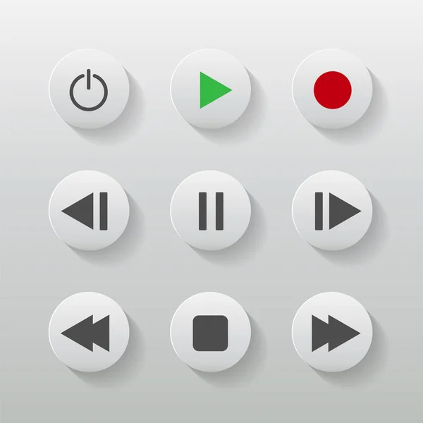 Símbolo ícone conjunto media player controle botões redondos brancos. ilustrador vetorial — Vetor de Stock