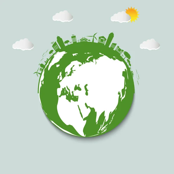 Ecologie. groene steden helpen de wereld met eco-vriendelijke concept ideeën, Vector Illustratio — Stockvector