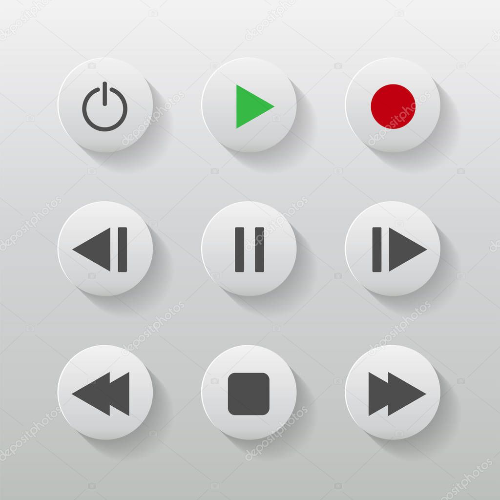 symbol icon set media player control white round buttons. vector illustrator 