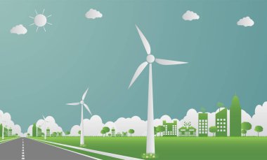 Fabrika ekolojisi, Sanayi simgesi, Ağaçlar ve güneş ile Rüzgar türbinleri Yol çevre dostu kavram fikirleri ile temiz enerji.vektör illüstrasyon