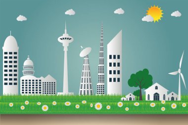 binalar cityscape ekoloji, Ağaçlar ve güneş temiz enerji çevre dostu kavram fikirleri ile Rüzgar türbinleri.vektör illüstrasyon