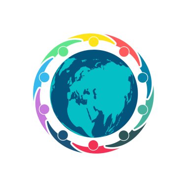 Globe çevresinde insanlar, Grup on kişi, el tutarak. Zirve işçileri aynı güç odasında buluşacak.. 