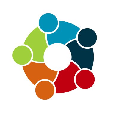 Daire içinde beş kişilik bir grup. Takım çalışması toplantısı.insanlar odada buluşuyor. Güçlü birleşik kuvvetler.