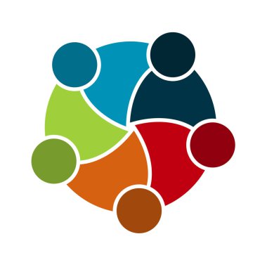 Daire içinde beş kişilik bir grup. Takım çalışması toplantısı.insanlar odada buluşuyor. Güçlü birleşik kuvvetler.