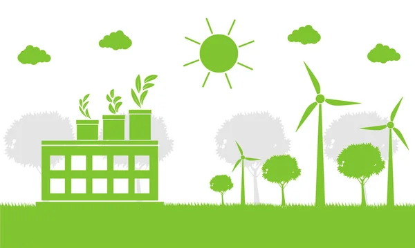 Ecologia de fábrica, ícone da indústria, turbinas eólicas com árvores e sol Energia limpa com ideias de conceito eco-amigáveis.ilustração vetorial — Vetor de Stock
