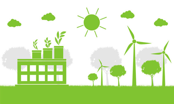 Заводская экология, Промышленность икона, Ветряные турбины с деревьями и солнце Чистая энергия с экологически чистой концепции ideas.vector иллюстрации
 