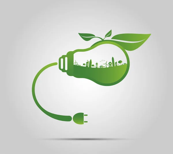Concepto de ecología, el mundo está en el verde bombilla de ahorro de energía . — Archivo Imágenes Vectoriales