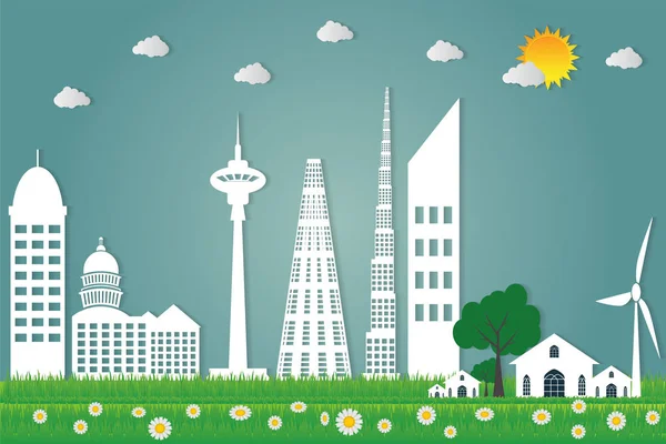 binalar cityscape ekoloji, Ağaçlar ve güneş temiz enerji çevre dostu kavram fikirleri ile Rüzgar türbinleri.vektör illüstrasyon 